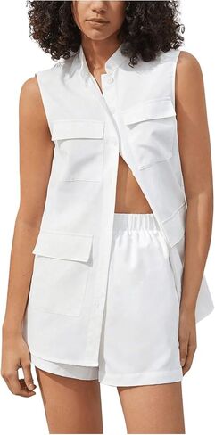Verdusa Women's 2 Piece Outfits Sleeveless Button Down Belted Top and Shorts Set in Saudi Arabia