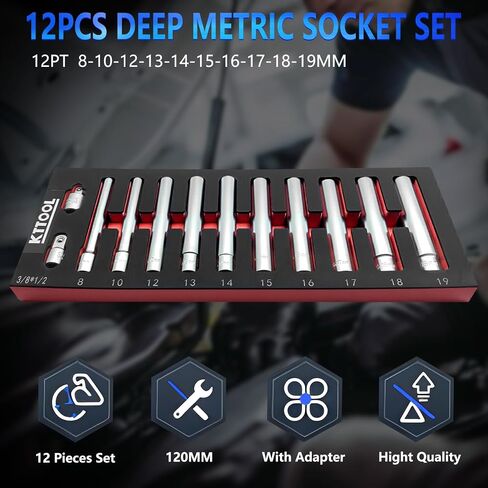 12pcs Extra Deep Socket Set Metric 12 Point 3/8" and 1/2" Drive Extra Long Socket 8mm 10mm 12mm 13mm 14mm 15mm 16mm 17mm 18mm 19mm With 1/2" 3/8" Adapter in Saudi Arabia