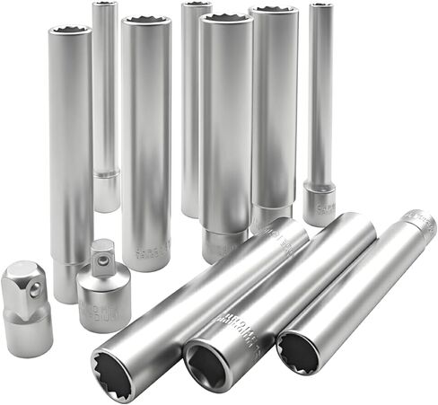 12pcs Extra Deep Socket Set Metric 12 Point 3/8" and 1/2" Drive Extra Long Socket 8mm 10mm 12mm 13mm 14mm 15mm 16mm 17mm 18mm 19mm With 1/2" 3/8" Adapter in Saudi Arabia