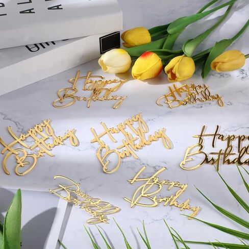 Barydat 24 Pieces Black Gold Happy Birthday Cake Toppers Mirror Acrylic Cupcake Topper Happy Birthday Sign for Cake Side Cupcake Decorations, 6 Styles in Saudi Arabia