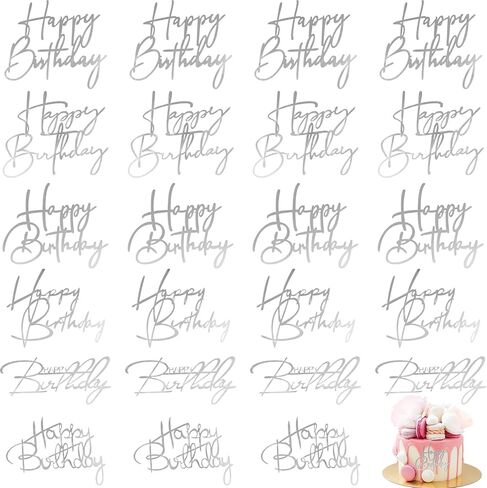 Barydat 24 Pieces Black Gold Happy Birthday Cake Toppers Mirror Acrylic Cupcake Topper Happy Birthday Sign for Cake Side Cupcake Decorations, 6 Styles in Saudi Arabia
