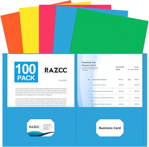 Two Pocket Folders, RAZCC 100 Pack File Folders with Pockets Fit Letter Size Paper, Thick Paper File Folder for School Office Business Home, Assorted 10 Colors in Saudi Arabia