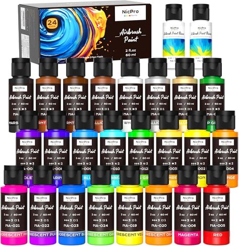 Nicpro 24 Colors Airbrush Paint (8.45 oz, 250 ml) with 1 Thinner, Large Bulk Ready to Spray Airbrush Paint Set, Opaque Water-Based Acrylic Air brush Paints for Model, Metal, Plastic, Wood, Canvas in Saudi Arabia
