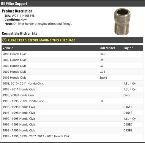 Oil Filter Holder at Engine (Threaded Fitting) - Compatible with 1988-2020 Honda Civic in Saudi Arabia