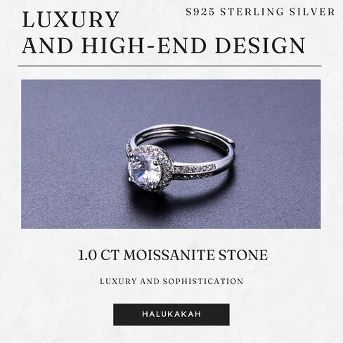 Halukakah Sterling Silver Women's Diamond Ring with 1 Carat Moissanite Stone and Certificate,1.0 ct Elegant Jewelry for Engagements,Celebrations,and Birthdays,Adjustable Size,Gift for Wife,Girlfriend in Saudi Arabia