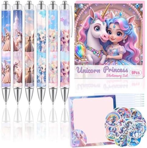 9 Pcs Cute Cartoon Ballpoint Pens Set–Kawaii Unicorn & Princess Ball Point Pen, 50 Stickers, Sticky Notes, Perfect Back-to-School Supplies Gift for Kids & Teens Easter Gift in Saudi Arabia
