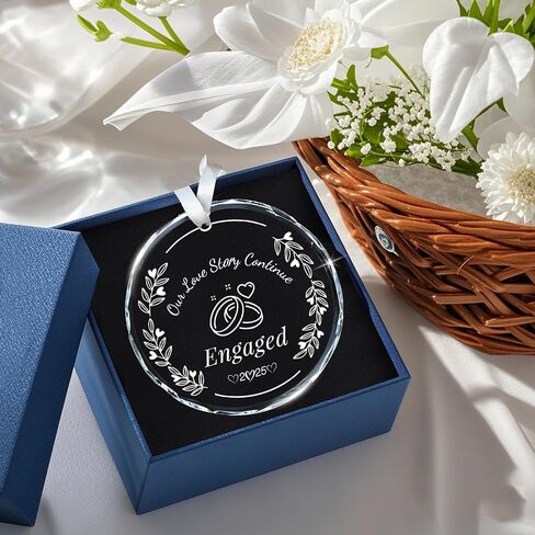 Trazzo 2025 Engagement Ornament – ‘Our Love Story Continue’ Crystal Glass Keepsake – Romantic Ring-Themed Decoration for Couples – Perfect for Engagement, Wedding in Kuwait