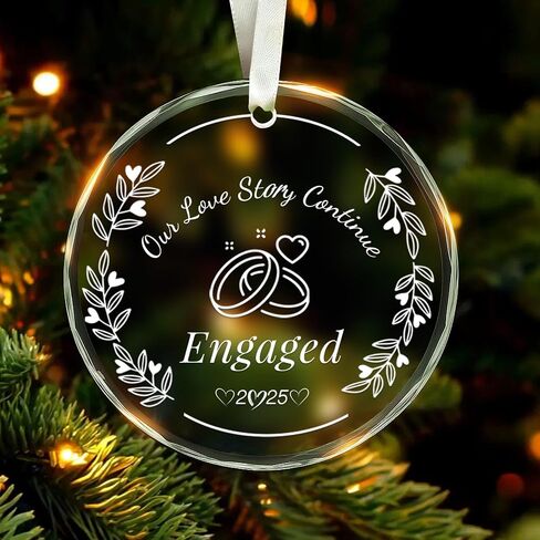 Trazzo 2025 Engagement Ornament – ‘Our Love Story Continue’ Crystal Glass Keepsake – Romantic Ring-Themed Decoration for Couples – Perfect for Engagement, Wedding in Kuwait