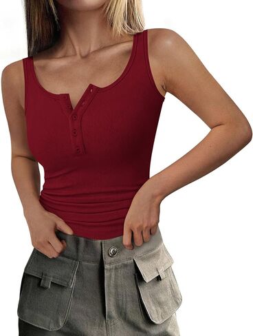 PRETTYGARDEN Womens 2025 Summer Tank Tops Ribbed Knit Slim Fit Sleeveless Henley Shirts Casual Basic Button Up Blouse in Saudi Arabia