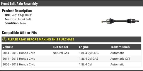 Front Left Driver Side Axle Assembly - Compatible with 2006-2015 Honda Civic Gas Automatic Transmission in Saudi Arabia