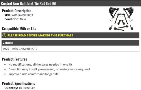 Front Control Arm Ball Joint Tie Rod End Kit - 10 Piece - Compatible with 1975-1986 Chevy C10 in Saudi Arabia