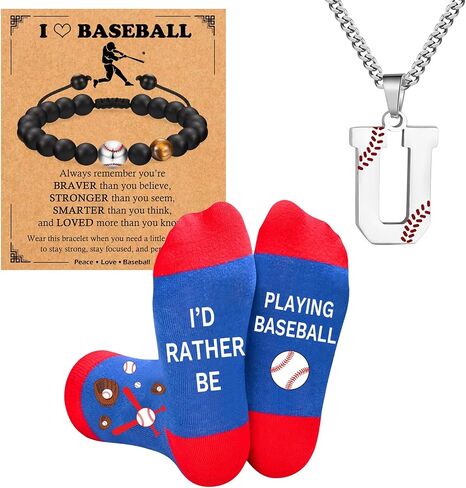 Baseball Gifts Set A-Z Letter Soccer Necklace for Men Novelty Baseball Socks&Baseball Bracelets for Baseball Lovers in Kuwait