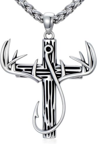 Cross Necklace for Men 925 Sterling Silver Christian Fish Hook Cross Pendant Jewelry for Dad Husband, w/Stainless Steel Chain 22''+2'' in Saudi Arabia