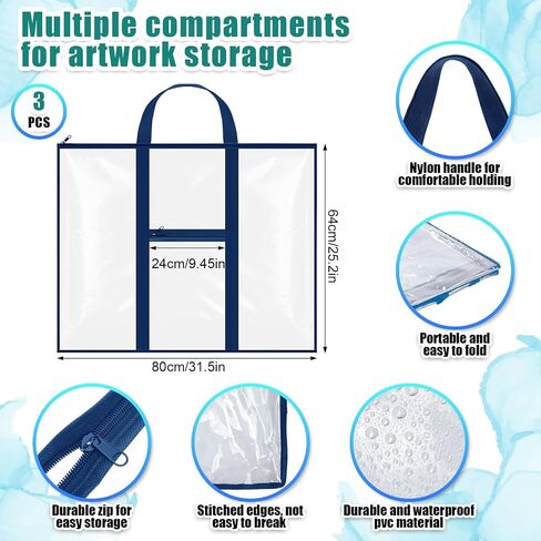 GILPROP 3 Pack Pack Barge Poster Storage Facs 31.5 "× 25.2" PVC Art Portfolio Portfolio Container Bulletin Poster مع جيوب مقبض سستة لمنظمة فنان المعلمين (Blcak ، Clear) in Kuwait