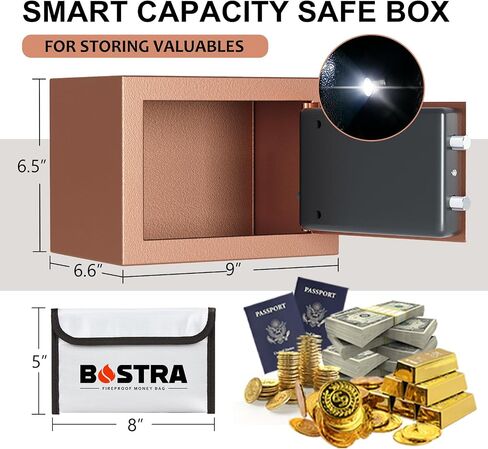 Bostra Fireproof Safe Box with Sensor Light & Fireproof Bag, Money Safe Box with Digital Keypad,Security Safe Box for Home, 0.23 Cubic Small Safe with Keys & Pass Code for Cash Jewelry Black in Saudi Arabia