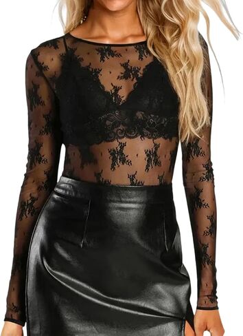 Women's Lace Long Sleeve Tops Mesh Sheer Blouse See Through Floral Concert Outfits Party Lace Undershirt in Saudi Arabia