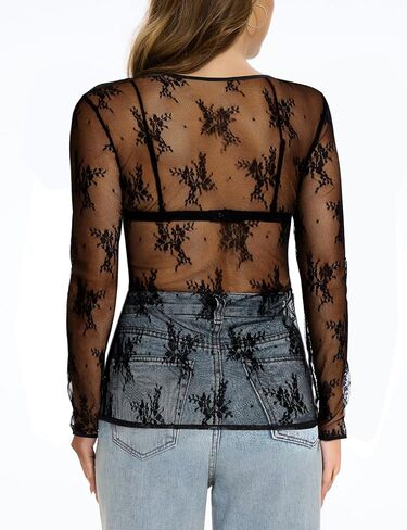 Women's Lace Long Sleeve Tops Mesh Sheer Blouse See Through Floral Concert Outfits Party Lace Undershirt in Saudi Arabia