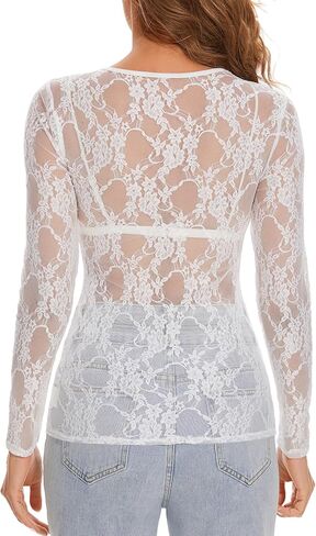 Women's Lace Long Sleeve Tops Mesh Sheer Blouse See Through Floral Concert Outfits Party Lace Undershirt in Saudi Arabia
