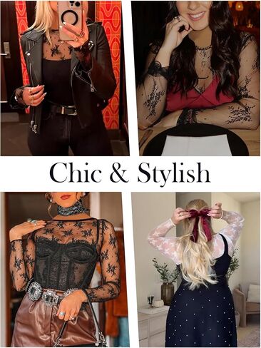 Women's Lace Long Sleeve Tops Mesh Sheer Blouse See Through Floral Concert Outfits Party Lace Undershirt in Saudi Arabia
