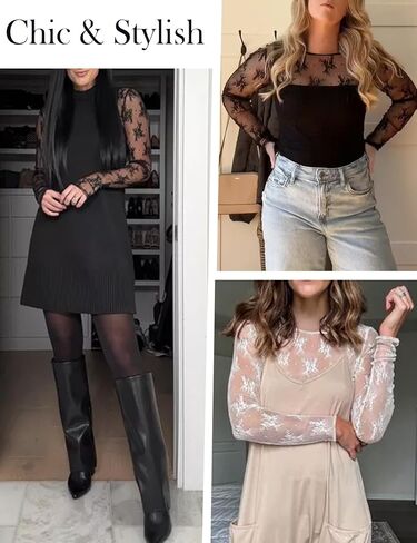 Women's Lace Long Sleeve Tops Mesh Sheer Blouse See Through Floral Concert Outfits Party Lace Undershirt in Saudi Arabia