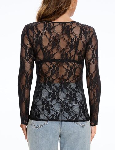 Women's Lace Long Sleeve Tops Mesh Sheer Blouse See Through Floral Concert Outfits Party Lace Undershirt in Saudi Arabia