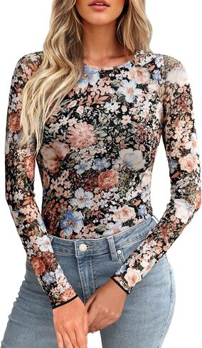 Women's Lace Long Sleeve Tops Mesh Sheer Blouse See Through Floral Concert Outfits Party Lace Undershirt in Saudi Arabia