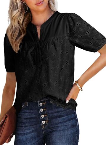 Dokotoo Women's Waty Dary Lace Lace Tops Summer Tops Half Sleeve V Beck Buttons Hollow Out Embroiderey Stirts in Saudi Arabia