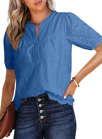 Dokotoo Women's Waty Dary Lace Lace Tops Summer Tops Half Sleeve V Beck Buttons Hollow Out Embroiderey Stirts in Kuwait