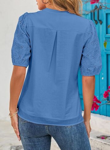 Dokotoo Women's Waty Dary Lace Lace Tops Summer Tops Half Sleeve V Beck Buttons Hollow Out Embroiderey Stirts in Kuwait