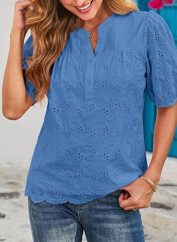 Dokotoo Women's Waty Dary Lace Lace Tops Summer Tops Half Sleeve V Beck Buttons Hollow Out Embroiderey Stirts in Kuwait