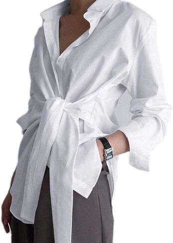 KUFV Women's Long Sleeve Button Down Shirts Tie Waist Casual Loose Blouses Tops in Kuwait