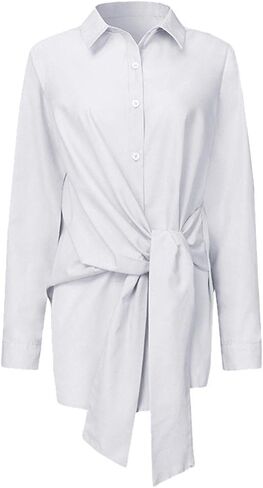 KUFV Women's Long Sleeve Button Down Shirts Tie Waist Casual Loose Blouses Tops in Kuwait