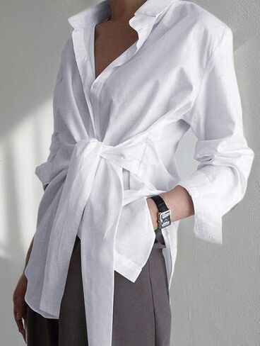 KUFV Women's Long Sleeve Button Down Shirts Tie Waist Casual Loose Blouses Tops in Kuwait