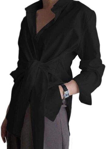 KUFV Women's Long Sleeve Button Down Shirts Tie Waist Casual Loose Blouses Tops in Kuwait