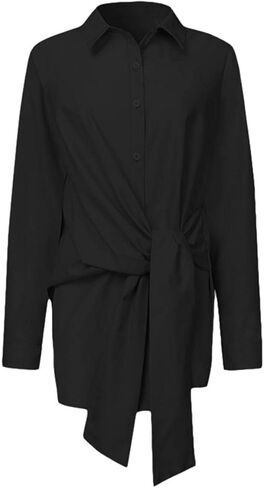 KUFV Women's Long Sleeve Button Down Shirts Tie Waist Casual Loose Blouses Tops in Kuwait