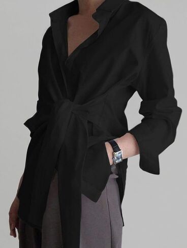 KUFV Women's Long Sleeve Button Down Shirts Tie Waist Casual Loose Blouses Tops in Kuwait