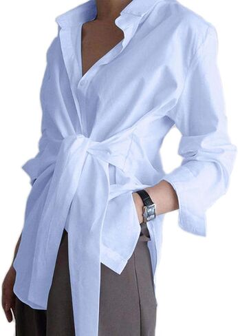 KUFV Women's Long Sleeve Button Down Shirts Tie Waist Casual Loose Blouses Tops in Kuwait