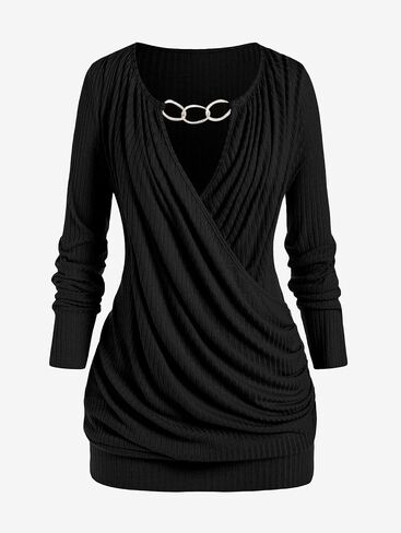 ROSE GAL Rosegal Womens Plus Size Wide Ribbed Keyhole Cutout Draped Ruched Surplice Wrap Long Sleeve Blouson Top in Saudi Arabia