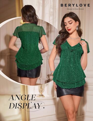 Berylove Women's Sparkly Sequin Tops Short Sleeve Glitter Disual Summer V-neck Shulk Top in Kuwait