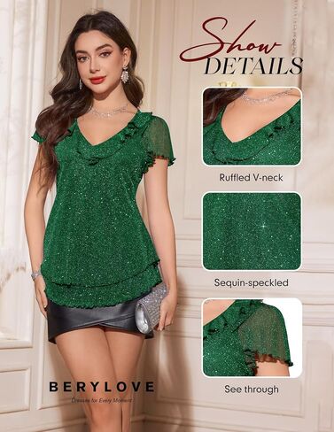 Berylove Women's Sparkly Sequin Tops Short Sleeve Glitter Disual Summer V-neck Shulk Top in Kuwait