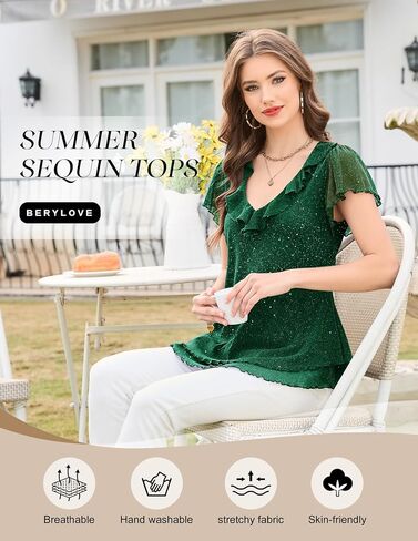 Berylove Women's Sparkly Sequin Tops Short Sleeve Glitter Disual Summer V-neck Shulk Top in Kuwait