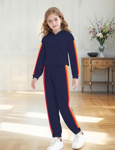 ملابس ملابس الفتيات للفتيات النشطات الأكمام الطويلة قوس قزح شريط بلوزات ومسنسات من قطعتين 2 قطعة in Kuwait