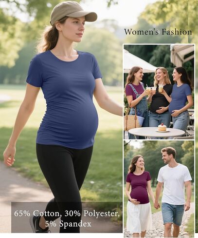 Ficerd 3 Pack Women's Maternity Side Ruched T-Shirts | Pregnant Woman Short Sleeve Tops, Comfy, Crew Neck, Pregnancy Clothes, Summer, Solid Color in Saudi Arabia