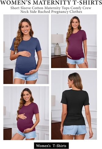 Ficerd 3 Pack Women's Maternity Side Ruched T-Shirts | Pregnant Woman Short Sleeve Tops, Comfy, Crew Neck, Pregnancy Clothes, Summer, Solid Color in Saudi Arabia
