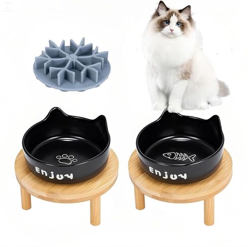 3PCS Elevated Cat Bowls with Silicone Slow Food Dispenser,Wide Raised Ceramic Cat Dishes with Bamboo Stand, Whisker Friendly Pet Water or Food Plates Feeding Station for Indoor Cats, Kitten in Saudi Arabia