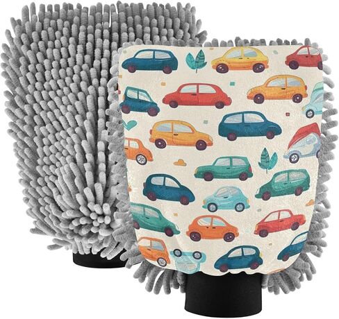 Absorbent Microfiber Car Wash Drying Mitts, 2 Pack, Scratch-Free & Lint-Free, Rich Foam, Highly Absorbent, Double Sided, Wash Mitt Perfect for Car Washing, M, Cartoon Car Pattern (8) in Saudi Arabia