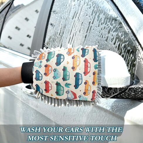 Absorbent Microfiber Car Wash Drying Mitts, 2 Pack, Scratch-Free & Lint-Free, Rich Foam, Highly Absorbent, Double Sided, Wash Mitt Perfect for Car Washing, M, Cartoon Car Pattern (8) in Saudi Arabia