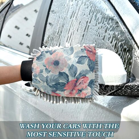 Absorbent Microfiber Car Wash Drying Mitts, 2 Pack, Scratch-Free & Lint-Free, Rich Foam, Highly Absorbent, Double Sided, Wash Mitt Perfect for Car Washing, M, Flower (11) in Saudi Arabia