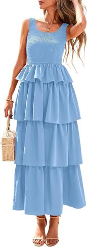 PRETTYGARDEN Womens 2025 Summer Sleeveless Midi Dress Scoop Neck A Line Smocked Ruffle Tiered Layered Beach Vacation Dresses in Saudi Arabia