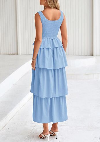 PRETTYGARDEN Womens 2025 Summer Sleeveless Midi Dress Scoop Neck A Line Smocked Ruffle Tiered Layered Beach Vacation Dresses in Saudi Arabia
